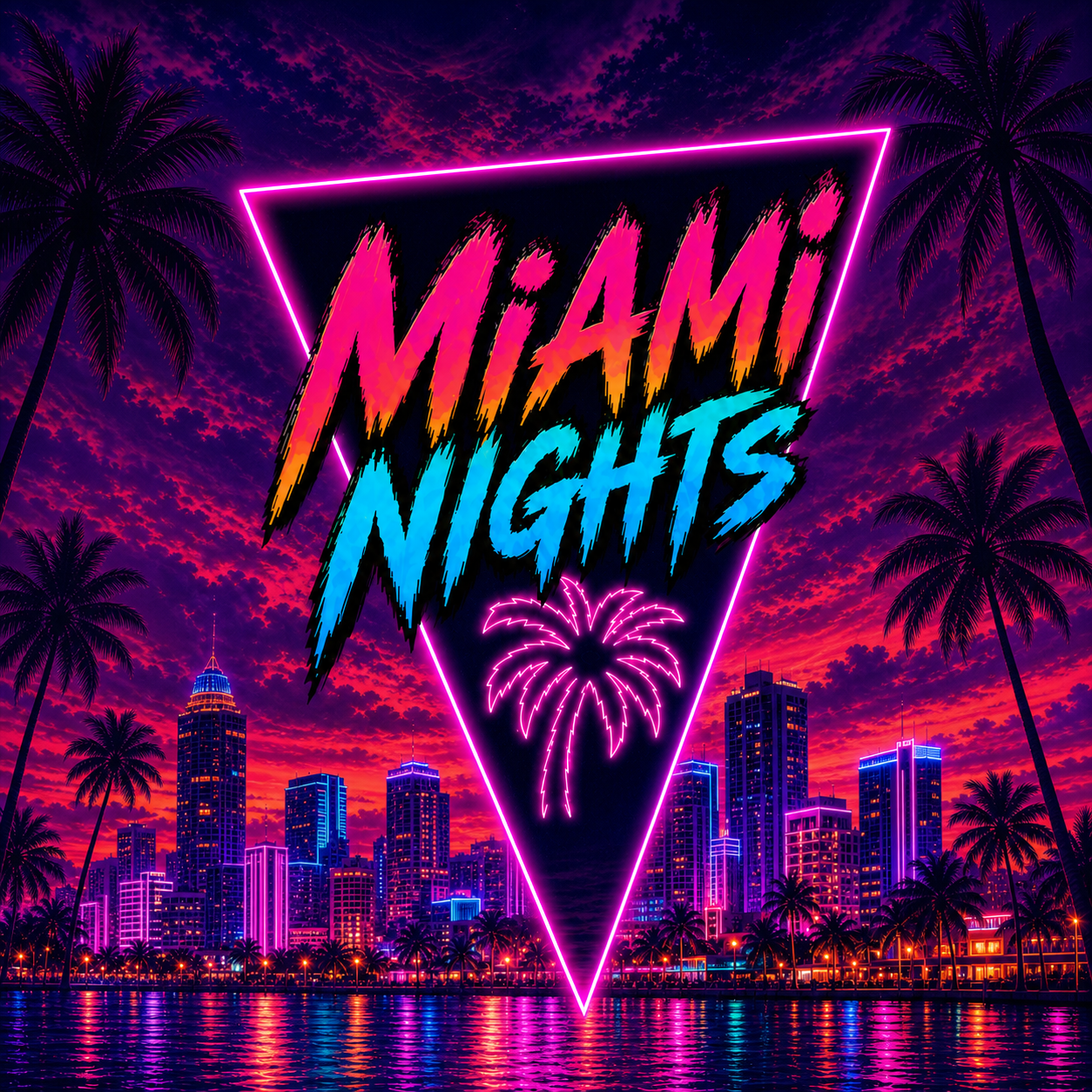 Miami Nights square cover art with neon triangle and palm